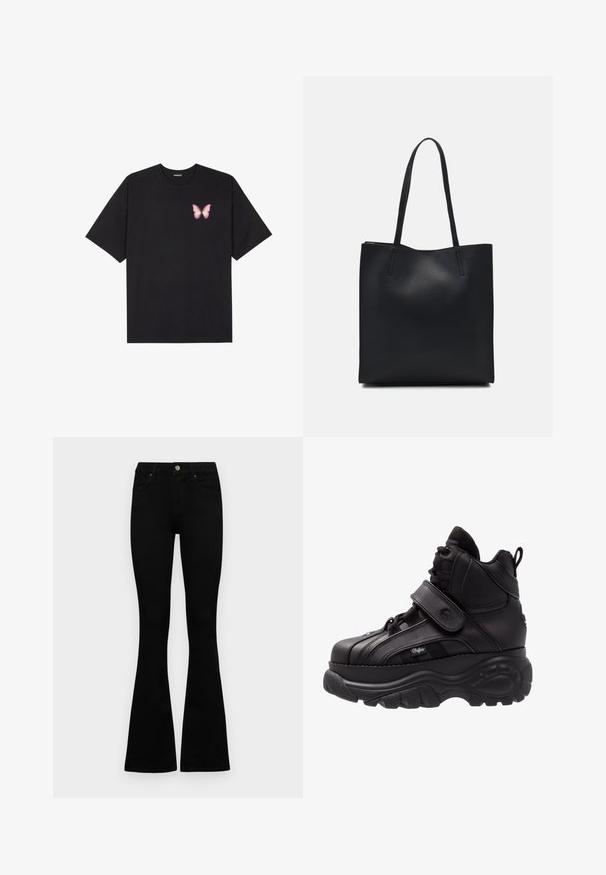 Black cotton t-shirt with short sleeves, featuring a small pink butterfly graphic on the left chest. Crew neck design with a relaxed fit.; Black high-waist jeans with a button and zip closure, front pockets, and flared legs laid flat on a white background.; Black high-top sneakers with a thick rubber sole, leather upper, lace and Velcro strap closures, and textured side panel detailing.; Black leather tote bag with smooth texture, rectangular shape, and two long handles. No visible hardware or embellishments.
