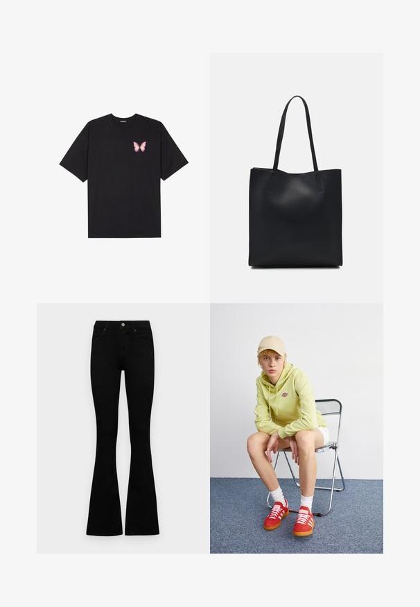 T-shirt de algodão preto com mangas curtas, apresentando um pequeno gráfico de borboleta rosa no lado esquerdo do peito. Design de gola redonda com um corte solto.; Jeans pretos de cintura alta com fecho de botão e zíper, bolsos frontais e pernas largas dispostos em cima de um fundo branco.; Hoodie verde claro com logótipo, calções brancos, ténis vermelhos com riscas brancas, sentado numa cadeira de alumínio contra um fundo neutro.; Bolsa tote preta em couro com textura lisa, forma retangular e duas alças longas. Sem hardware ou enfeites visíveis.