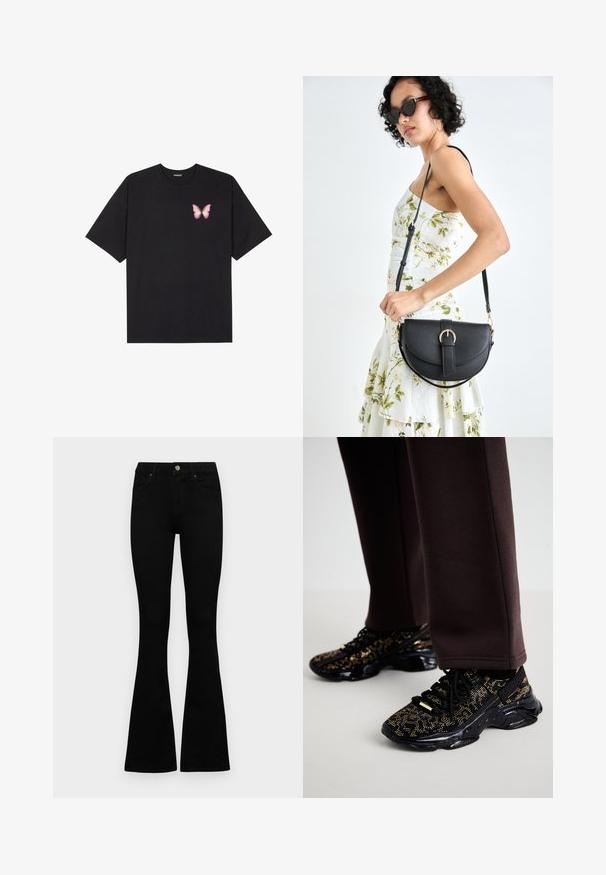 Must muströöpidega must puuvillane T-särk, vasakul rinnal on väike roosa liblikas. Ümar kaelus ja vabalt istuv lõige.; Mustad kõrge vöökohtadega teksad, millel on nööp ja lukuga sulgemine, esikäe taskud ja laienevad sääred, asetatud tasasele valgele taustale.; Mustad mustad sneakerid kuldsete täpikestega, tekstuurse pinnaga ja tugeva musta tallaga. Kombineeritud pruunide dressipükstega, mis näitavad vormitud disaini.; Mustmust mustraha kõverate joontega, eemaldatava rihmaga ja kuldsete detailidega. Kotil on klapp, millel on pandladetail.