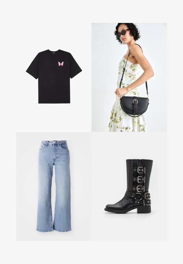 Musta puuvillapaita lyhyillä hihoilla, jossa on pieni vaaleanpunainen perhosgrafiikka vasemmassa rinnassa. Pyöreä kaula-aukko ja rento istuvuus.; Vaaleansiniset korkeavyötäröiset leveälahkeiset farkut, joissa on etu- ja takataskut, nappikiinnitys ja hillitty haalistuminen reisissä ja helmassa.; Musta nahkasaapas, jossa on korkea varsi, useita hopeisia solkia ja hihnoja, pyöreä yksityiskohta ja tukeva korko. Matta pinta.; Musta nahkainen käsilaukku, joka on kaareva muotoilultaan, irrotettavalla hihnalla ja kultaisilla yksityiskohdilla. Laukussa on läppä, jossa on solk yksityiskohta.