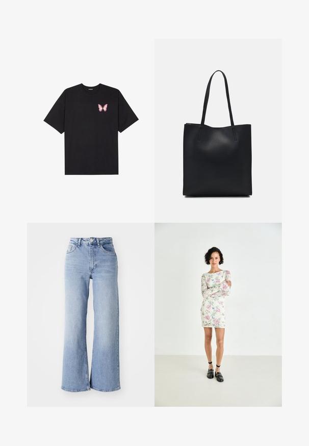 Crna pamučna majica s kratkim rukavima, s malim grafičkim prikazom ružičaste vjetricaste s desne strane na prsima. Dizajn s okruglim izrezom i opuštenim krojem.; Svijetloplave traperice visokog struka širokih nogavica s prednjim i stražnjim džepovima, kopčanjem na gumbi i suptilnim izblijedjenjem na bedrima i rubovima.; Mini haljina od cvjetne čipke s dugim rukavima, s ružičastim i plavim uzorcima na kremastoj pozadini. Crne mokasine s čavlima i remenčićima oko gležnjeva.; Crna kožna torba za nošenje s glatkom teksturom, pravokutnim oblikom i dvije duge ručke. Nema vidljivih metalnih dijelova ili ukrasa.
