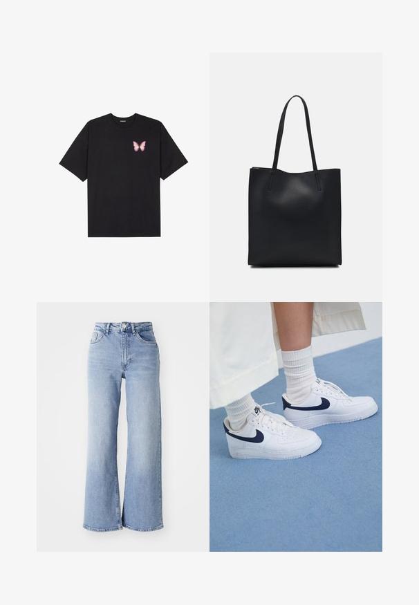 Svart bomulls T-skjorte med korte ermer, med en liten rosa sommerfugl grafikk på venstre bryst. Crew-neck design med en avslappet passform.; Lyseblå høyt liv vide jeans med front- og baklommer, knappelukking og subtile falminger på lårene og kanten.; Hvite Nike Air Force 1-sneakers med marineblå detaljer, perforert tå, flate lisser og gummisåle, kombinert med ribbede hvite sokker.; Svart lær tote bag med glatt tekstur, rektangulær form og to lange håndtak. Ingen synlige deler eller dekorasjoner.