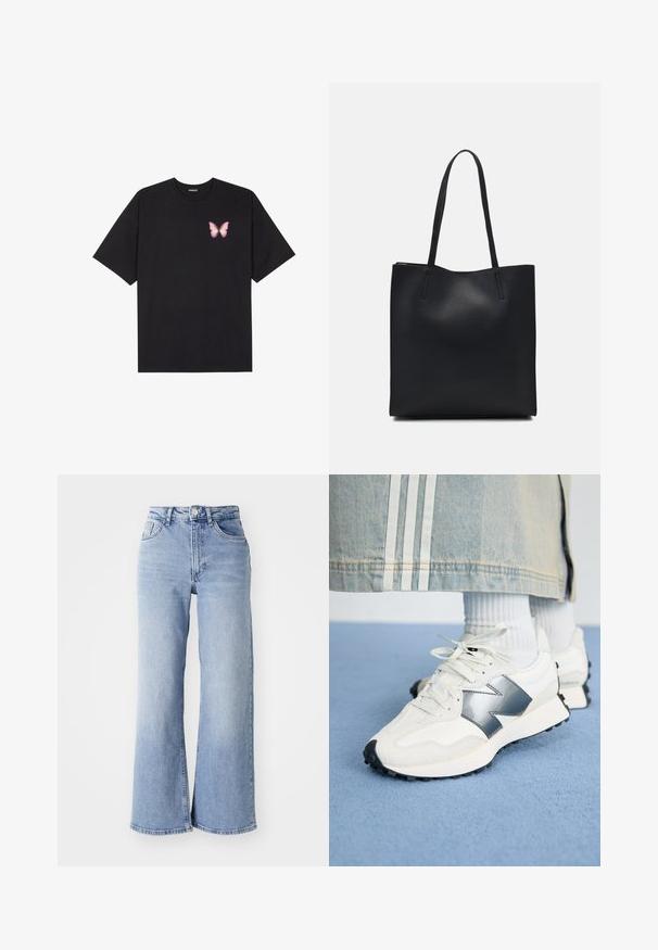 Black cotton t-shirt with short sleeves, featuring a small pink butterfly graphic on the left chest. Crew neck design with a relaxed fit.; Light blue high-waist wide-leg jeans with front and back pockets, button closure, and subtle fading on the thighs and hems.; White athletic sneakers with a silver accent, textured fabric and smooth leather; featuring a black rubber sole and laces.; Black leather tote bag with smooth texture, rectangular shape, and two long handles. No visible hardware or embellishments.