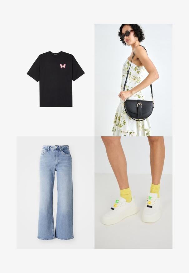 Schwarzes Baumwoll-T-Shirt mit kurzen Ärmeln, das ein kleines pinkes Schmetterlingsmotiv auf der linken Brust zeigt. Crewneck-Design mit einem entspannten Schnitt.; Himmelblaue hochtaillierte Schlagjeans mit vorderen und hinteren Taschen, Knopfverschluss und dezentem Verblassen an den Oberschenkeln und Säumen.; Weiße Sneakers mit einer kräftigen Sohle, verziert mit bunten Schnürsenkeln in Grün, Gelb und Schwarz. Getragen mit gelben gerippten Socken.; Schwarze Lederhandtasche mit geschwungener Form, abnehmbarem Tragegurt und goldenen Beschlägen. Die Tasche verfügt über einen Deckel mit einer Schnallen-Details.