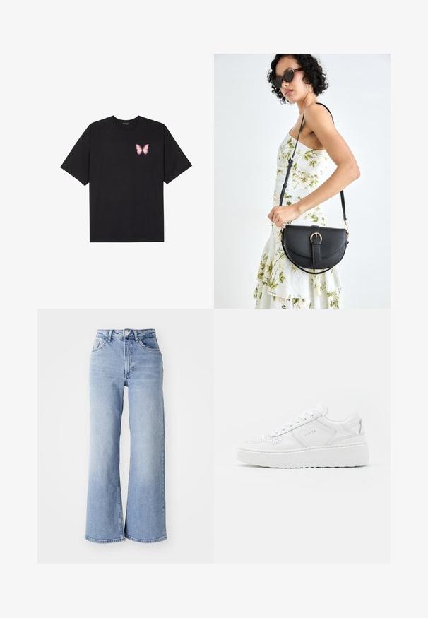 T-shirt nera in cotone con maniche corte, caratterizzata da una piccola grafica di una farfalla rosa sul lato sinistro del petto. Design a girocollo con una vestibilità rilassata.; Jeans azzurri chiari a vita alta e gamba larga, con tasche anteriori e posteriori, chiusura con bottone e leggera scoloritura sulle cosce e sui orli.; Scarpe da ginnastica bianche con tomaia in pelle liscia, dettagli perforati e una suola in gomma spessa. Presentano un branding minimale e un design con lacci.; Borsa a tracolla nera in pelle con una forma curva, manico rimovibile e accessori dorati. La borsa presenta una patta con un dettaglio a fibbia.