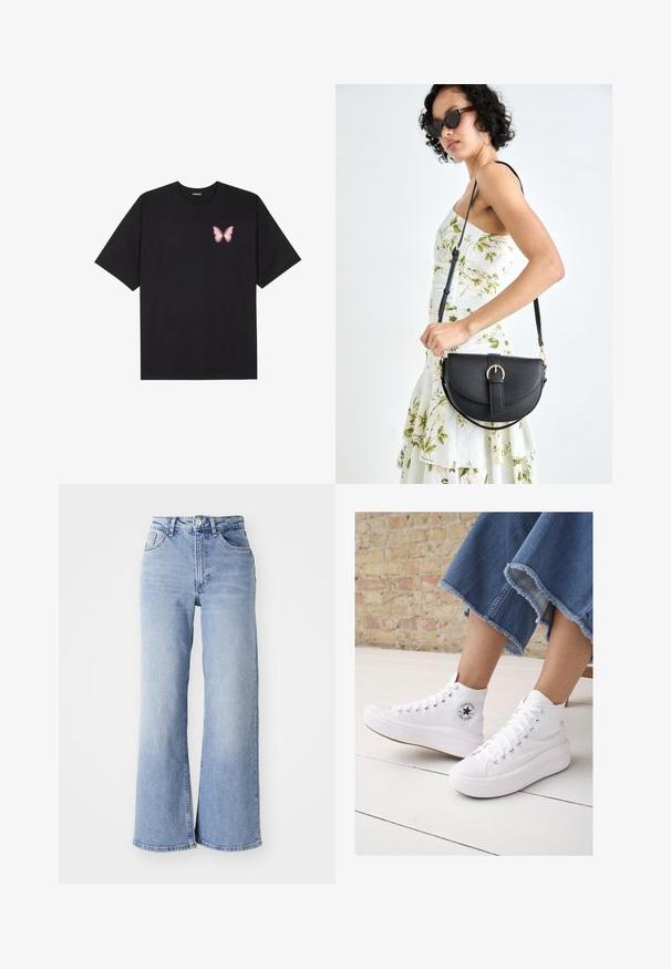 Črna bombažna majica s kratkimi rokavi, ki ima majhen roza metuljček na levi strani prsnega dela. Majica s krožnim ovratnikom in sproščenim krojem.; Svijetloplave traperice visokog struka, širokih nogavica, s prednjim i stražnjim džepovima, kopčanjem na dugme i suptilnim izblješnjenjem na bedrima i rubovima.; Bele visoke športne copate iz platna z gumijastim podplatom, ki imajo srebrne oči, okroglo logotipno nalepko in teksturiran podplat.; Črna usnjena torbica s ukrivljeno obliko, z odstranljivo naramnico in zlatimi dodatki. Torbica ima pokrov s podrobnostmi v obliki zaponke.