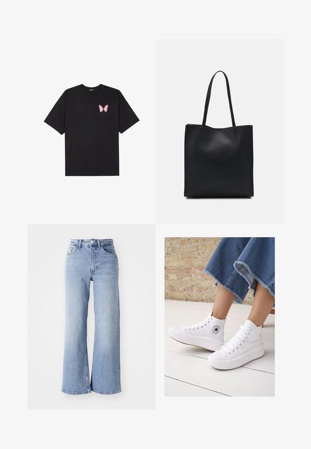 Black cotton t-shirt with short sleeves, featuring a small pink butterfly graphic on the left chest. Crew neck design with a relaxed fit.; Light blue high-waist wide-leg jeans with front and back pockets, button closure, and subtle fading on the thighs and hems.; White high-top sneakers made of canvas with a rubber sole, featuring silver eyelets, a round logo patch, and a textured platform sole.; Black leather tote bag with smooth texture, rectangular shape, and two long handles. No visible hardware or embellishments.