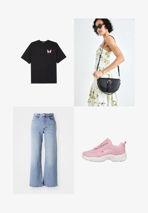 Musta puuvillapaita lyhyillä hihoilla, jossa on pieni vaaleanpunainen perhosgrafiikka vasemmassa rinnassa. Pyöreä kaula-aukko ja rento istuvuus.; Vaaleansiniset korkeavyötäröiset leveälahkeiset farkut, joissa on etu- ja takataskut, nappikiinnitys ja hillitty haalistuminen reisissä ja helmassa.; Vaaleanpunaiset lenkkarit, joissa on sileä synteettinen pinta, valkoinen kumipohja, nauhakiinnitys ja FILA-logo sivussa. Varressa on vetoketju.; Musta nahkainen käsilaukku, joka on kaareva muotoilultaan, irrotettavalla hihnalla ja kultaisilla yksityiskohdilla. Laukussa on läppä, jossa on solk yksityiskohta.