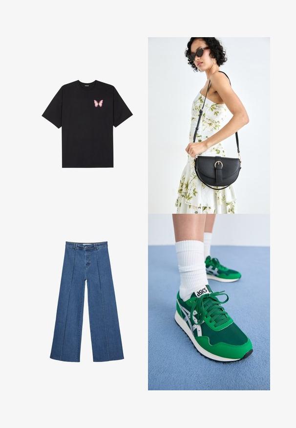 Crna pamučna majica s kratkim rukavima, s malim grafičkim prikazom ružičaste vjetricaste s desne strane na prsima. Dizajn s okruglim izrezom i opuštenim krojem.; Široke traperice u srednje plavoj boji, s visokim strukom, zatvaranjem na dugme i kontrastnim vertikalnim šavovima duž prednje strane.; Zeleni mrežasti i sintetički tenisici s bijelim detaljima i crnom gumenom podešom. Imaju vezice, podstavljeni ovratnik i ASICS logo na jeziku.; Crna kožna torba s lukovitim oblikom, odvojivim remenom i zlatnim detaljima. Torba ima preklop s kopčom.