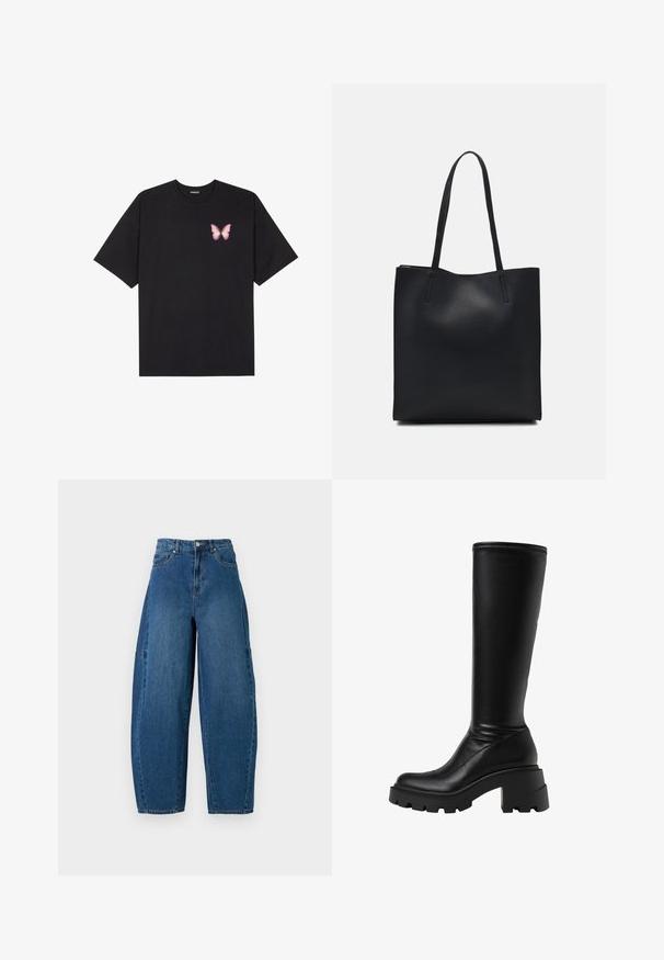 Čierne bavlnené tričko s krátkymi rukávmi, s malým ružovým motýlikom na ľavej hrudi. Design s okrúhlym výstrihom a uvoľneným strihom.; Džínsy v strednom modrom umývaní, s vysokým pásom, širokým strihom nohavíc a klasickým dizajnom s piatimi vreckami a viditeľnými švami.; Čierne čižmy po kolená vyrobené z hladkej kože. Majú masívnu platformovú podrážku s textúrovaným povrchom a priliehavý strih.; Čierna kožená taška na rameno s hladkým povrchom, obdĺžnikovým tvarom a dvoma dlhými uchami. Bez viditeľného kovania alebo ozdôb.