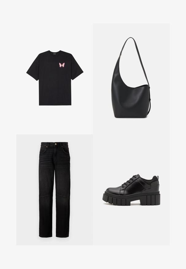 Svart bomulls T-skjorte med korte ermer, med en liten rosa sommerfugl grafikk på venstre bryst. Crew-neck design med en avslappet passform.; Svarte denimjeans med rett ben, fem lommer, knappelås og subtile falmede detaljer på lårene og knærne.; Svarte lærplattformsko med kraftig blokkhell, rund tå og tradisjonell snøring. Har en jevn tekstur og minimal detaljering.; Svart lær hobo-veske med glatt tekstur, buet form og enkelt justerbart stropp; har en bred åpning på toppen.
