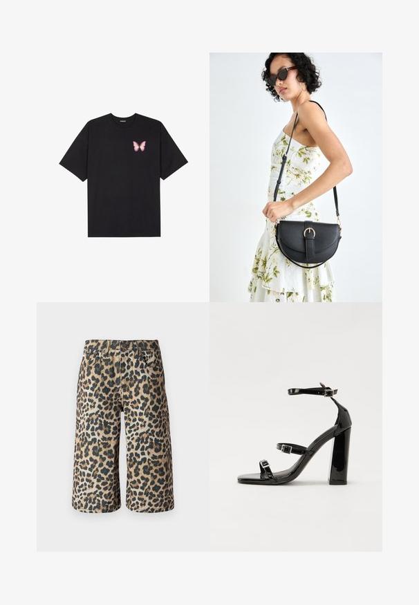 Zwarte katoenen t-shirt met korte mouwen, voorzien van een kleine roze vlinder graphic op de linkerkant van de borst. Crew neck ontwerp met een relaxte fit.; The Ragged Priest Shorts - brown; Zwarte patent lederen sandalen met hoge hakken, twee gespenbanden, een vierkante neus en een stevige blokhak, met een gladde, glanzende textuur.; Zwarte leren handtas met een gebogen vorm, afneembare schouderband en gouden hardware. De tas heeft een klep met een gespsluiting.