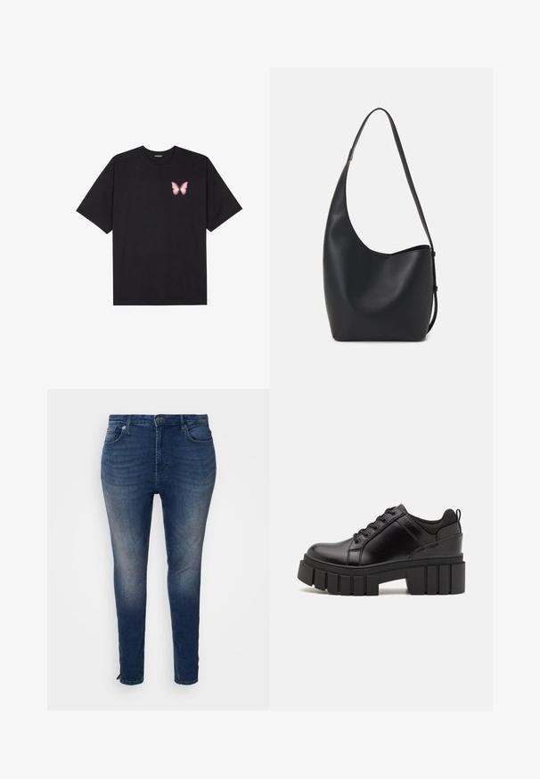 Črna bombažna majica s kratkimi rokavi, ki ima majhen roza metuljček na levi strani prsnega dela. Majica s krožnim ovratnikom in sproščenim krojem.; Temno modri kavbojke z oprijetim krojem, petimi žepi, kontrastnim šivanjem in zadrgo na robovih pri gležnjih.; Črne usnjene platforme z debelim blokastim petam, okroglo konico in klasičnim vezanjem. Imajo gladko teksturo in minimalne podrobnosti.; Črna usnjena hobo torba z gladko teksturo, ukrivljeno obliko in eno nastavljivo naramnico; ima širok odprtina na vrhu.
