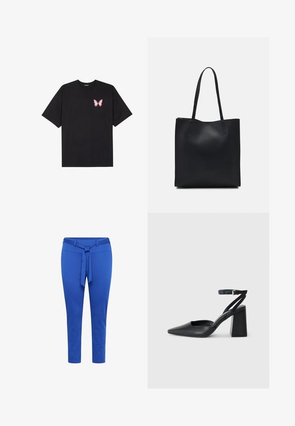 Black cotton t-shirt with short sleeves, featuring a small pink butterfly graphic on the left chest. Crew neck design with a relaxed fit.; Blue tapered pants made of stretchy fabric with a belted waist, featuring a smooth texture and a mid-calf length.; Black leather pointy-toe pump with an ankle strap and a chunky heel. Flat texture, sleek design, and minimalistic aesthetics.; Black leather tote bag with smooth texture, rectangular shape, and two long handles. No visible hardware or embellishments.