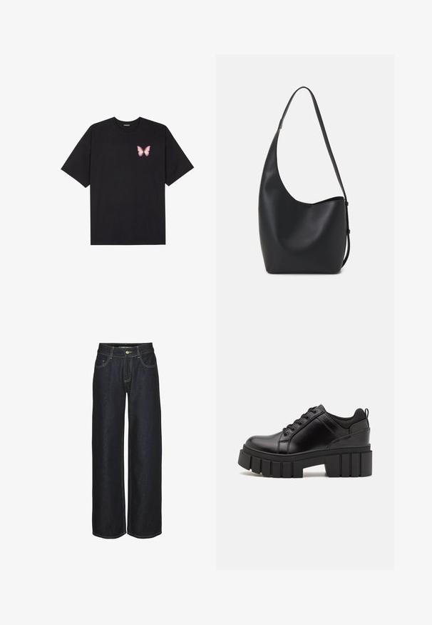 Must muströöpidega must puuvillane T-särk, vasakul rinnal on väike roosa liblikas. Ümar kaelus ja vabalt istuv lõige.; Tumedad sinised sirged teksased eesmakiga taskute, vöörihmade ja kollaste kontrastõmblustega, esitatud valgel taustal.; Must musta platvormsussid paksu plokkninal, ümmarguse varbaga ja traditsioonilise nööridega kinnitamisega. Sussid on sileda tekstuuriga ja minimaalsete detailidega.; Mustast nahast hobo kott, millel on sile tekstuur, kumer kuju ja üks reguleeritav rihm; peal on lai avaus.