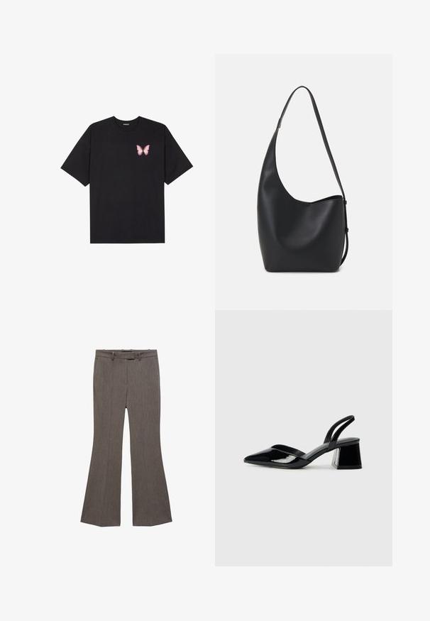 Black cotton t-shirt with short sleeves, featuring a small pink butterfly graphic on the left chest. Crew neck design with a relaxed fit.; Brown flared trousers in textured fabric, featuring a flat front, belt loops, and a classic mid-rise waist. No visible pockets.; Black patent leather slingback heels with a pointed toe and a geometric block heel. Features a sleek, minimal design and smooth texture.; Black leather hobo bag with a smooth texture, curved shape, and single adjustable strap; features a wide opening at the top.