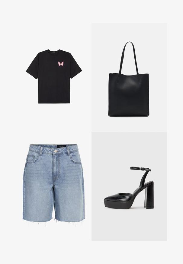 T-shirt de algodão preto com mangas curtas, apresentando um pequeno gráfico de borboleta rosa no lado esquerdo do peito. Design de gola redonda com um corte solto.; Calças de ganga azul claro com cintura alta, cinco bolsos, bainha desfiada e um fecho clássico com botão. Feitas de um tecido suave e texturizado.; Saltos altos pretos com bico fino e atilho ajustável no tornozelo. Confeccionados em couro suave, apresentam um salto bloco robusto.; Bolsa tote preta em couro com textura lisa, forma retangular e duas alças longas. Sem hardware ou enfeites visíveis.