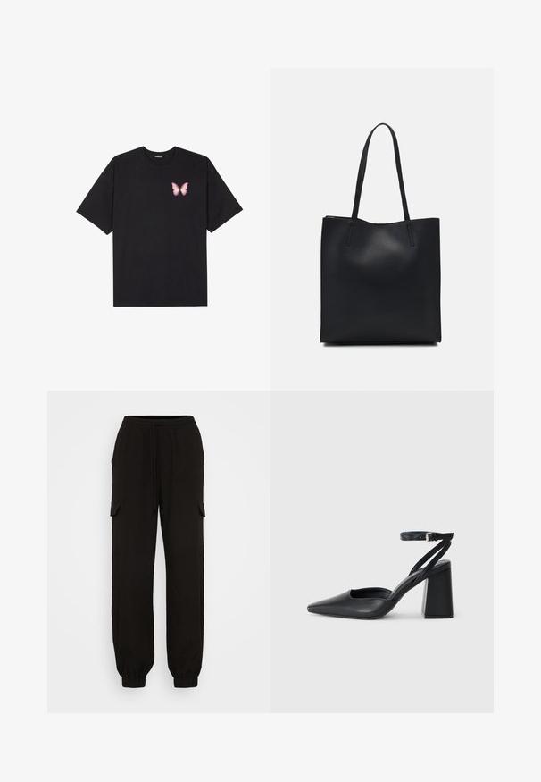 T-shirt de algodão preto com mangas curtas, apresentando um pequeno gráfico de borboleta rosa no lado esquerdo do peito. Design de gola redonda com um corte solto.; Calças cargo pretas com um ajuste descontraído, apresentando uma cintura elástica, fecho por cordão e bolsos laterais. Feitas de um tecido leve.; Sandal com biqueira afilada em couro preto, com cinta no tornozelo e salto grosso. Textura lisa, design elegante e estética minimalista.; Bolsa tote preta em couro com textura lisa, forma retangular e duas alças longas. Sem hardware ou enfeites visíveis.