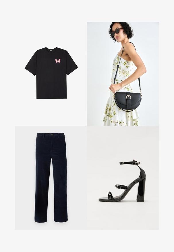 Camiseta de algodón negra de manga corta, con un pequeño gráfico de mariposa rosa en el lado izquierdo del pecho. Diseño de cuello redondo con un corte relajado.; Pantalones de pana azul marino con piernas rectas, que cuentan con un cierre de botón y un tejido texturizado. Sin patrones o acentos visibles.; Sandalias de tacón de charol negro con punta cuadrada, correas en el tobillo y hebillas plateadas. Presentan un tacón grueso para mayor estabilidad.; Bolso de piel negra con forma curva, correa desmontable y herrajes dorados. El bolso cuenta con una solapa con un detalle de hebilla.