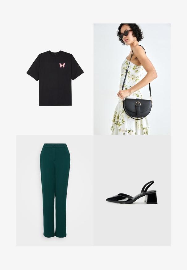 Zwarte katoenen t-shirt met korte mouwen, voorzien van een kleine roze vlinder graphic op de linkerkant van de borst. Crew neck ontwerp met een relaxte fit.; Groene high-waisted broek met een rechte pasvorm, gemaakt van een gladde stof, met zijzakken en een discreet tailleband.; Zwarte gepatineerde leren slingback hakken met een spitse neus en een geometrische blokhak. Kenmerkt zich door een slank, minimalistisch ontwerp en een gladde textuur.; Zwarte leren handtas met een gebogen vorm, afneembare schouderband en gouden hardware. De tas heeft een klep met een gespsluiting.