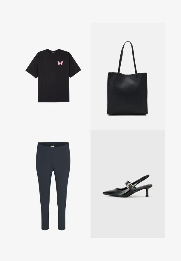 Fekete pamut póló rövid ujjakkal, bal mellkason egy kis rózsaszín pillangó grafikával. Kerek nyakú kialakítás, laza fazonnal.; Tengerészkék, testre szabott nadrág, sima textúrával, elöl redők nélkül, és rugalmas derékkal a kényelem érdekében.; Fekete lakkbőr slingback sarkú cipők hegyes orral és kis blokk talppal, ezüst csat díszítéssel a pánton.; Fekete bőrtáska sima felszínnel, téglalap alakú, két hosszú füllel. Nincs látható fémkiegészítő vagy díszítés.
