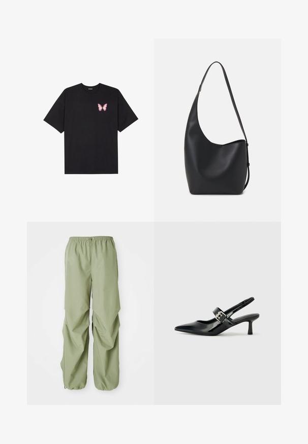 Crna pamučna majica s kratkim rukavima, s malim grafičkim prikazom ružičaste vjetricaste s desne strane na prsima. Dizajn s okruglim izrezom i opuštenim krojem.; Svijetlozelene hlače s elastičnim pojasom i laganim krojem, s nabranim detaljima sa strane i manžetama. Izrađene su od glatkog materijala.; Crne lakirane slingback potpetice s oštrim prstom i malom blok petom, s naglaskom na srebrnoj kopči na remenu.; Crna kožna hobo torba s glatkom teksturom, zakrivljenim oblikom i jednom podesivom trakicom; ima širok otvor na vrhu.