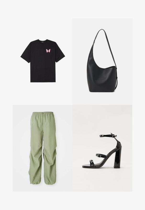 Juodas medvilnės marškinėliai trumpomis rankovėmis, su maža rožine drugelio grafika kairėje krūtinės pusėje. Apvalus kaklo iškirpimas, laisvas kirpimas.; Šviesiai žali, elastinga juosmens juosta, laisvi kelnių modeliai su surišta šonine detale ir rankogaliais. Pagaminti iš lygios medžiagos.; Juodos patentuotos aukštakulnės basutės su dviem sagtelėmis, kvadratine nosimi ir stambiu blokiniu kulnu, pasižyminčios lygiu, blizgiu paviršiumi.; Juodas odinis hobo maišas su lygiu paviršiumi, kreipta forma ir viena reguliuojama rankena; turi platų atidarymą viršuje.