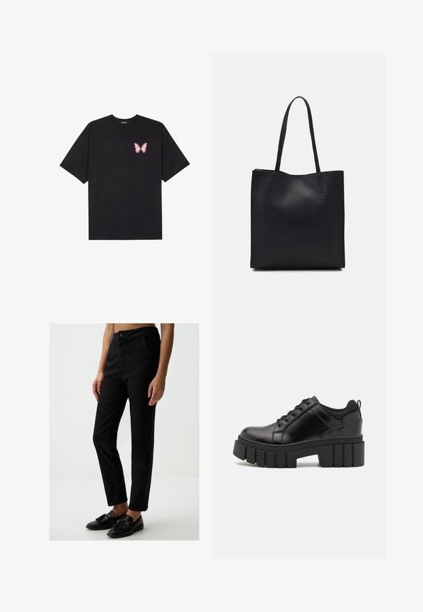 T-shirt nera in cotone con maniche corte, caratterizzata da una piccola grafica di una farfalla rosa sul lato sinistro del petto. Design a girocollo con una vestibilità rilassata.; Pantaloni neri a vita alta in una morbida miscela di cotone, con tasche frontali e una vestibilità slim, abbinati a mocassini neri.; Scarpe platform in pelle nera con tacco a blocco robusto, punta rotonda e design tradizionale con lacci. Presentano una superficie liscia e dettagli minimi.; Borsa tote in pelle nera con texture liscia, forma rettangolare e due manici lunghi. Nessun hardware o decorazione visibile.