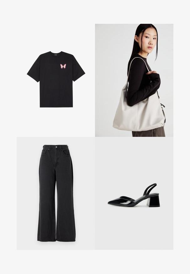 Zwarte katoenen t-shirt met korte mouwen, voorzien van een kleine roze vlinder graphic op de linkerkant van de borst. Crew neck ontwerp met een relaxte fit.; Zwarte wijdere jeans van denim, met een hoge taille, vijf-pocket ontwerp en metalen knoopsluiting, met een licht gestructureerd oppervlak.; Zwarte gepatineerde leren slingback hakken met een spitse neus en een geometrische blokhak. Kenmerkt zich door een slank, minimalistisch ontwerp en een gladde textuur.; Beige handtas gemaakt van zacht materiaal, met een slonzig ontwerp, gestikte details en twee schouderbanden. Geschikt voor dagelijks gebruik.