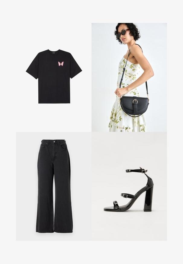 Černé bavlněné tričko s krátkým rukávem, na levém prsou s malou grafikou růžové motýlky. Design s kruhovým výstřihem a volným střihem.; Černé široké džíny vyrobené z denimu, s vysokým pasem, pěti kapsami a kovovým zapínáním, s mírně texturovaným povrchem.; Černé lakované sandály na podpatku se čtveratou špičkou, lýtkovými pásky a stříbrnými přezkami. Disponují masivním blokovým podpatkem pro stabilitu.; Černá kožená kabelka s křivkovým tvarem, odnímatelným popruhem a zlatými detaily. Kabelka má klopu s přezkou.; Náušnice ve zlatém tónu s texturovanými, vlnitými tvary. Obsahují sochařské klipy a design otevřeného kruhu s kladivkovým povrchem.
