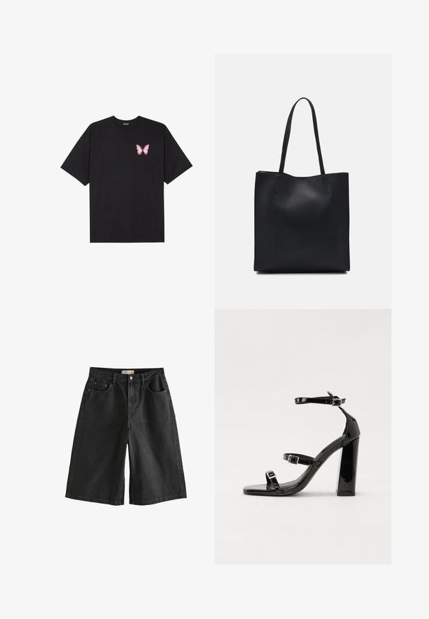 Czarny bawełniany t-shirt z krótkim rękawem, z małym różowym motylkiem na lewej piersi. Klasyczny dekolt z luźnym fasonem.; Czarne szorty dżinsowe o luźnym kroju, z zapięciem na guzik, pięcioma kieszeniami i minimalnym blaknięciem, prezentujące solidną teksturę.; Czarne lakierowane sandały na wysokim obcasie, z dwoma paskami zapinanymi na klamry, kwadratowy nosek i masywny obcas typu słupek, o gładkiej, błyszczącej fakturze.; Czarna skórzana torba tote o gładkiej fakturze, prostokątnym kształcie i dwóch długich uchwytach. Brak widocznych elementów metalowych i ozdób.