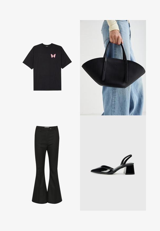 Čierne bavlnené tričko s krátkymi rukávmi, s malým ružovým motýlikom na ľavej hrudi. Design s okrúhlym výstrihom a uvoľneným strihom.; Čierne rozšírené nohavice vyrobené z hladkej látky, s vysokým pásom, predným zapínaním na gombík a elegantným, prispôsobeným strihom.; Čierne lakované kožené sandálové podpätky s špicatou špičkou a geometrickým blokovým podpätkom. Disponujú elegantným, minimalistickým dizajnom a hladkým povrchom.; Čierna kožená kabelka s jedinečným tvarom ventilátora, so plochými držadlami. Povrch má štruktúru s brúseným efektom a minimalistic design.