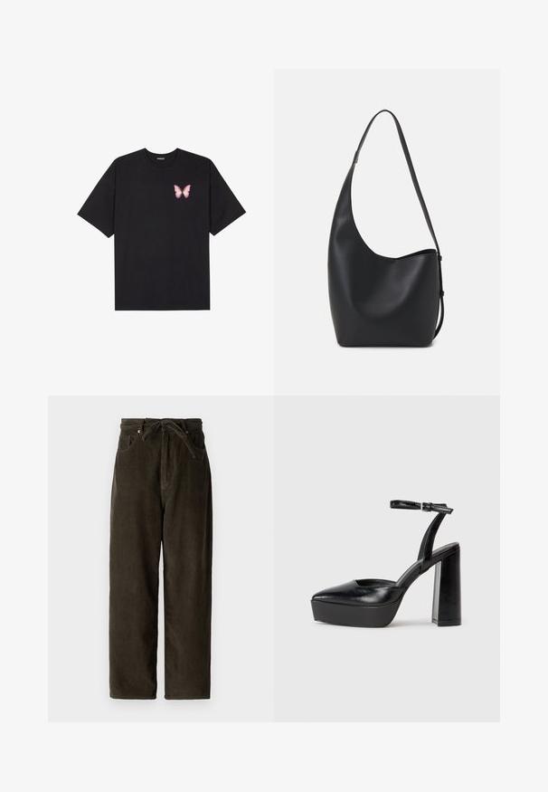 Fekete pamut póló rövid ujjakkal, bal mellkason egy kis rózsaszín pillangó grafikával. Kerek nyakú kialakítás, laza fazonnal.; Sötétzöld kordbársony nadrág széles szárral, húzózsinóros derékkal, két elülső zsebbe és puha, texturált anyaggal.; Fekete platform magassarkú cipők hegyes orral és állítható bokapánttal. Sima bőrből készült, vastag talppal.; Fekete bőr hobo táska sima textúrával, ívelt formával és egyetlen állítható pánttal; széles nyílás található a tetején.