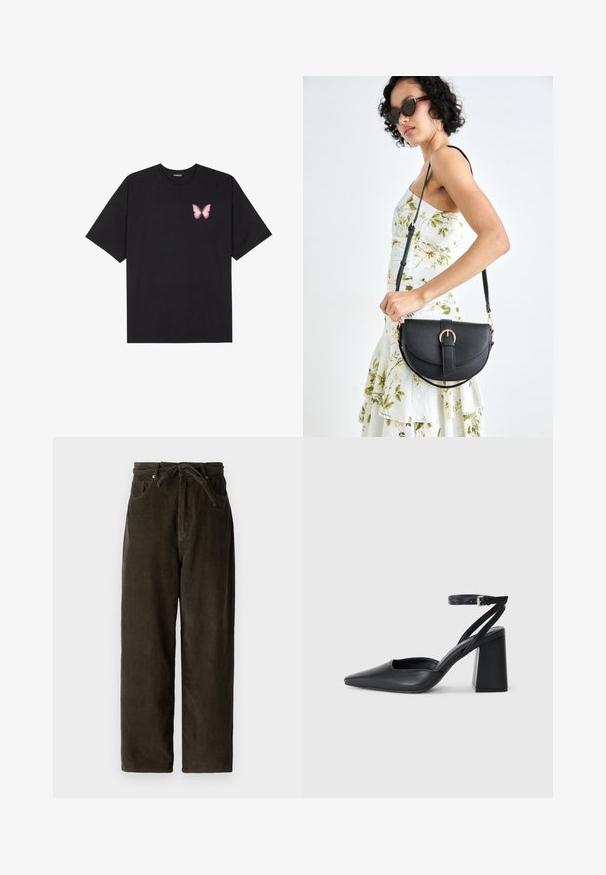 Schwarzes Baumwoll-T-Shirt mit kurzen Ärmeln, das ein kleines pinkes Schmetterlingsmotiv auf der linken Brust zeigt. Crewneck-Design mit einem entspannten Schnitt.; Dunkelgrüne Cordhosen mit weitem Bein, einem Kordelzugbund, zwei Vorderentaschen und einem weichen, strukturierten Stoff.; Schwarze Leder-Pumps mit spitzer Zehe, einem Knöchelriemen und einem blockigen Absatz. Flache Textur, elegantes Design und minimalistische Ästhetik.; Schwarze Lederhandtasche mit geschwungener Form, abnehmbarem Tragegurt und goldenen Beschlägen. Die Tasche verfügt über einen Deckel mit einer Schnallen-Details.