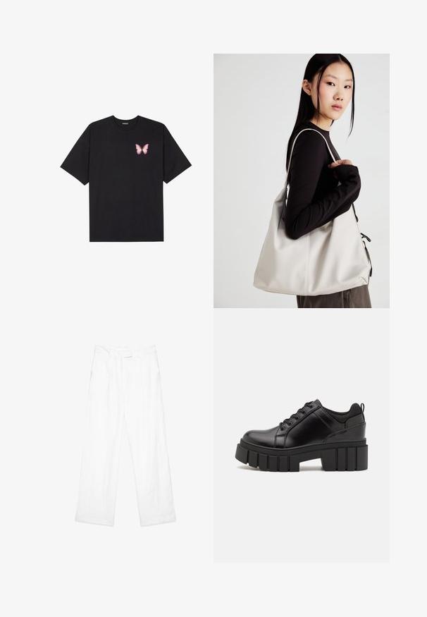 Zwarte katoenen t-shirt met korte mouwen, voorzien van een kleine roze vlinder graphic op de linkerkant van de borst. Crew neck ontwerp met een relaxte fit.; Witte linnen broek met een losse pasvorm, voorzien van een rechte pijpontwerp, zijzakken en een platte tailleband. Gladde textuur overal.; Zwarte leren platform schoenen met een stevige blokhak, ronde neus en een traditionele vetersluiting. Kenmerkt zich door een gladde textuur en minimale details.; Beige handtas gemaakt van zacht materiaal, met een slonzig ontwerp, gestikte details en twee schouderbanden. Geschikt voor dagelijks gebruik.