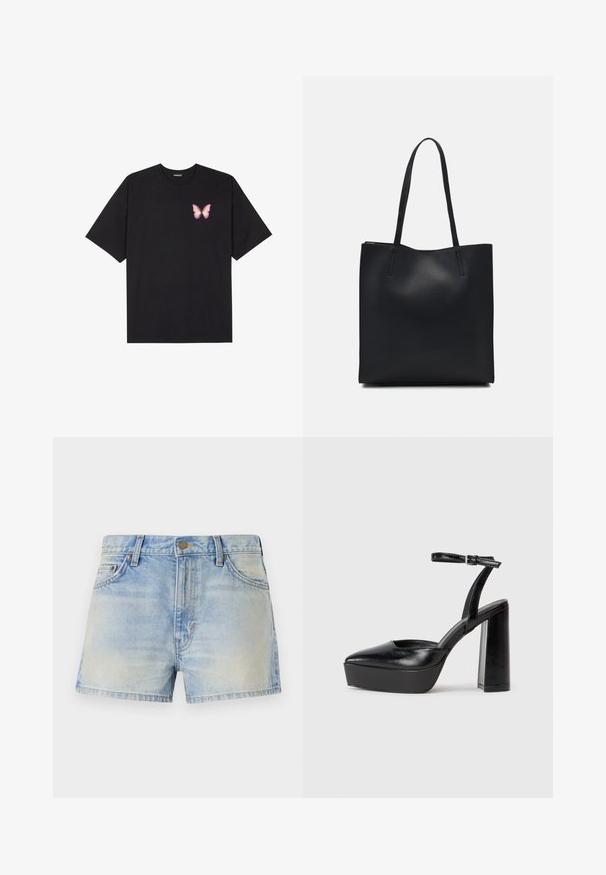 Black cotton t-shirt with short sleeves, featuring a small pink butterfly graphic on the left chest. Crew neck design with a relaxed fit.; Light blue denim shorts with a high-waisted design, featuring two front pockets and subtle fading for a worn look. Metal button closure.; Black platform heels with a pointed toe and adjustable ankle strap. Constructed from smooth leather, featuring a chunky block heel.; Black leather tote bag with smooth texture, rectangular shape, and two long handles. No visible hardware or embellishments.