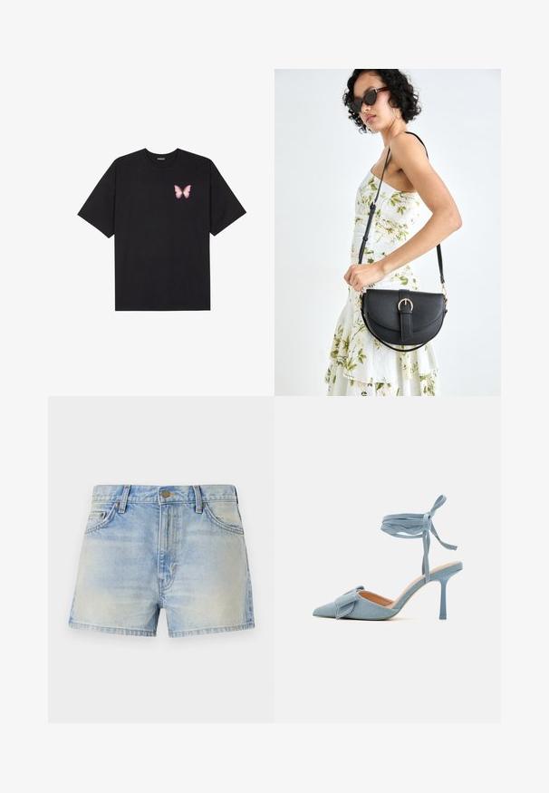 Black cotton t-shirt with short sleeves, featuring a small pink butterfly graphic on the left chest. Crew neck design with a relaxed fit.; Light blue denim shorts with a high-waisted design, featuring two front pockets and subtle fading for a worn look. Metal button closure.; Pointed-toe high heel shoe in light blue fabric with a textured finish, featuring a bow accent and ankle strap for secure fit.; Black leather handbag with a curved shape, detachable strap, and gold hardware. The bag features a flap with a buckle detail.