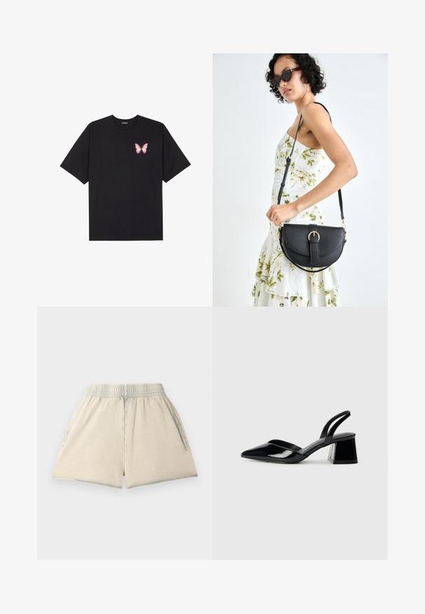 Svart bomullströja med korta ärmar, med en liten rosa fjärilsgrafik på vänster bröst. Rundad halsdesign med en avslappnad passform.; Ljusbeiga bomullsshorts med elastisk midja, två sidfickor och en avslappnad passform. Tyget har en mjuk textur och en ledig form.; Svarta lackläder slingback klackar med spetsig tå och geometrisk klack. Har en elegant, minimalistisk design och slät yta.; Svart läderhandväska med en böjd form, avtagbar rem och guldiga detaljer. Väskan har ett lock med en spänndetalj.