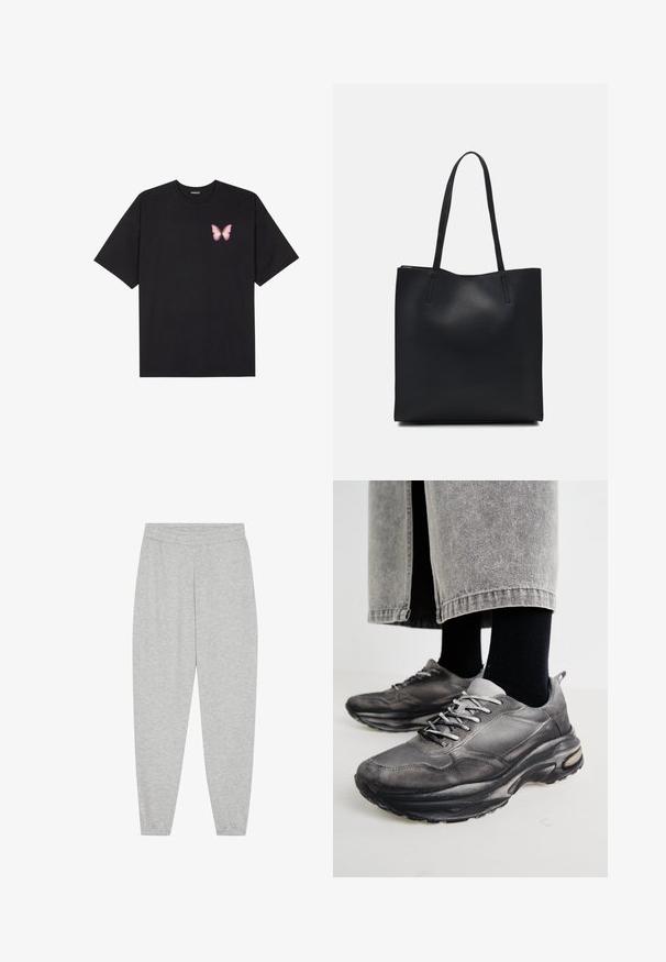 Black cotton t-shirt with short sleeves, featuring a small pink butterfly graphic on the left chest. Crew neck design with a relaxed fit.; Light grey sweatpants made of soft cotton blend, featuring an elastic waistband, thin cuffed ankles, and no visible pockets or patterns.; Black and gray athletic shoes feature a mesh upper, thick soles, and laces. They have a rounded toe and visible cushioning detail.; Black leather tote bag with smooth texture, rectangular shape, and two long handles. No visible hardware or embellishments.