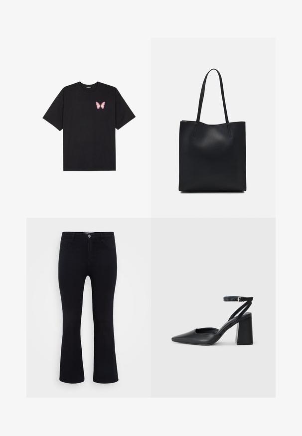 Crna pamučna majica s kratkim rukavima, s malim grafičkim prikazom ružičaste vjetricaste s desne strane na prsima. Dizajn s okruglim izrezom i opuštenim krojem.; ONLY Carmakoma CARTHUNDER PUSH UP - Trapezaste traperice - black denim; Crne kožne cipele s špicastim vrhom, remenom oko gležnja i debelim potplatom. Ravna tekstura, elegantan dizajn i minimalistička estetika.; Crna kožna torba za nošenje s glatkom teksturom, pravokutnim oblikom i dvije duge ručke. Nema vidljivih metalnih dijelova ili ukrasa.