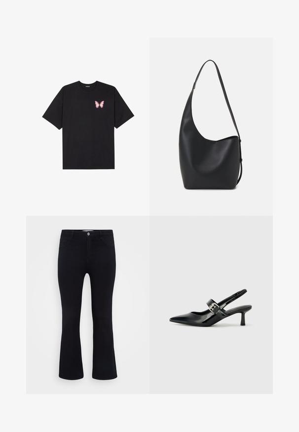 Black cotton t-shirt with short sleeves, featuring a small pink butterfly graphic on the left chest. Crew neck design with a relaxed fit.; ONLY Carmakoma CARTHUNDER PUSH UP - Flared Jeans - black denim; Black patent leather slingback heels with a pointed toe and a small block heel, featuring a silver buckle accent on the strap.; Black leather hobo bag with a smooth texture, curved shape, and single adjustable strap; features a wide opening at the top.