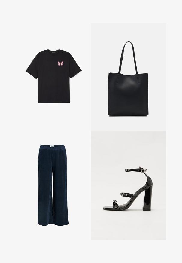 Sort bomulds T-shirt med korte ærmer, prydet med en lille pink sommerfugl grafik på venstre bryst. Rund hals design med en afslappet pasform.; Marineblå bukser med vid ben, lavet af et struktureret fløjlstof, med elastisk talje og sidelommer.; Sorte patenterede hælsandaler med firkantet tå, ankelremme og sølvspænder. Har en chunky blokHæl for stabilitet.; Sort læder tote taske med glat tekstur, rektangulær form og to lange hanke. Ingen synlig hardware eller udsmykninger.