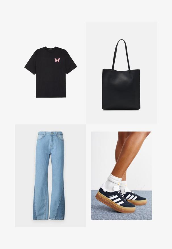 Black cotton t-shirt with short sleeves, featuring a small pink butterfly graphic on the left chest. Crew neck design with a relaxed fit.; Light blue flared jeans made of denim, featuring a high waist, side seam details, and a classic five-pocket design.; Black suede sneakers with white stripes and accents, rounded toe, gum rubber outsole, paired with white ribbed crew socks.; Black leather tote bag with smooth texture, rectangular shape, and two long handles. No visible hardware or embellishments.