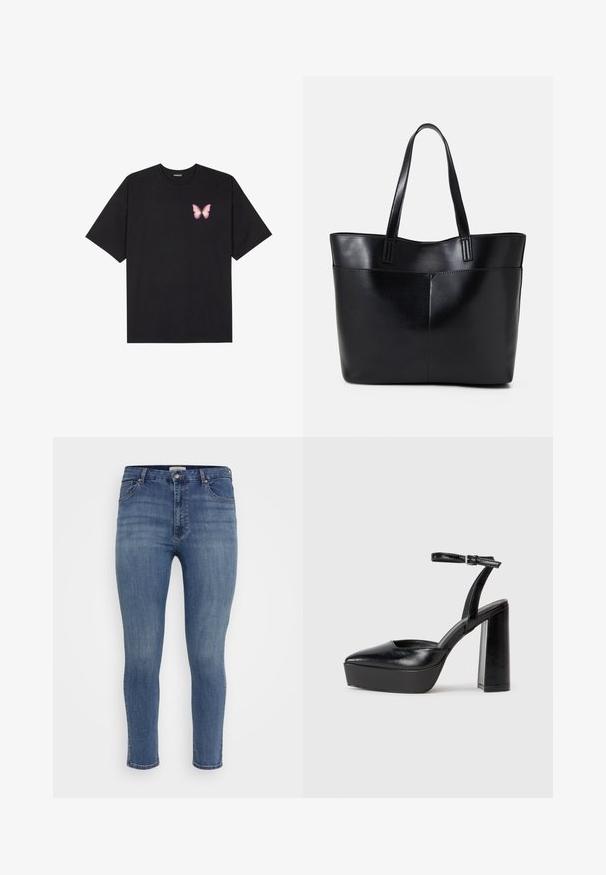 Juodas medvilnės marškinėliai trumpomis rankovėmis, su maža rožine drugelio grafika kairėje krūtinės pusėje. Apvalus kaklo iškirpimas, laisvas kirpimas.; Mėlynos džinsinės kelnės su siauru siluetu, penkiomis kišenėmis, mygtukų uždarymu ir šiek tiek išblukusia spalva. Kulknų ilgio, su švariu apvadu.; Juodi platforminiai aukšti kulniukai su smailiu kojų pirštu ir reguliuojamu kulkšnies dirželiu. Pagaminti iš lygaus odos, turi masyvų blokinį kulną.; Juoda odinė rankinė su dviem ilgais diržais, lygiu paviršiumi ir struktūrizuota forma. Yra priekinė kišenė papildomam saugojimui.