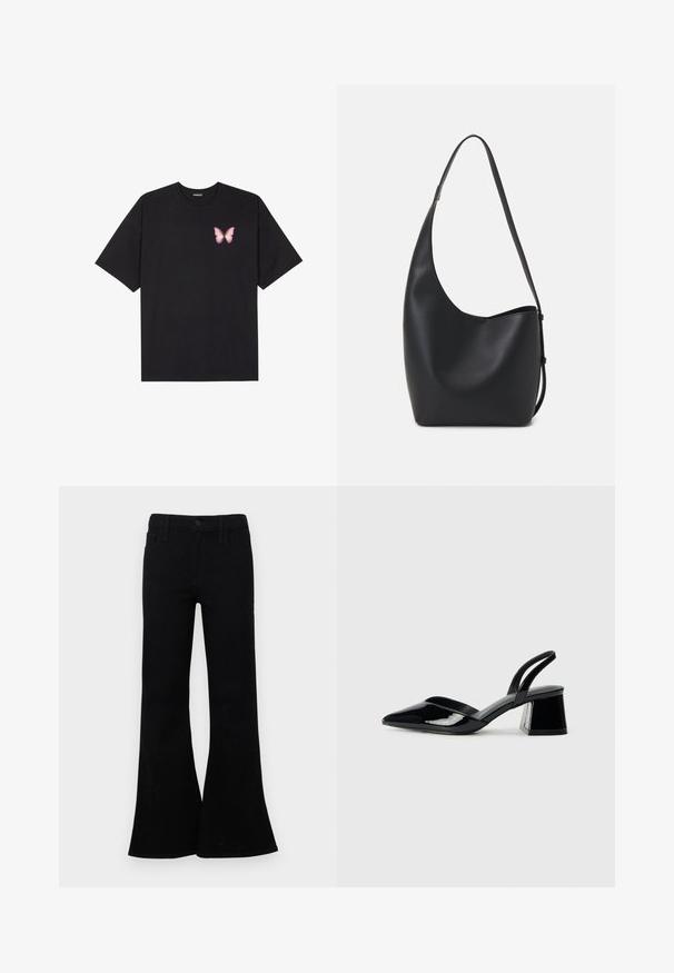 Black cotton t-shirt with short sleeves, featuring a small pink butterfly graphic on the left chest. Crew neck design with a relaxed fit.; Black flared jeans made from denim, featuring a buttoned waistband, five-pocket design, and a smooth texture. Distinctive flared hem.; Black patent leather slingback heels with a pointed toe and a geometric block heel. Features a sleek, minimal design and smooth texture.; Black leather hobo bag with a smooth texture, curved shape, and single adjustable strap; features a wide opening at the top.