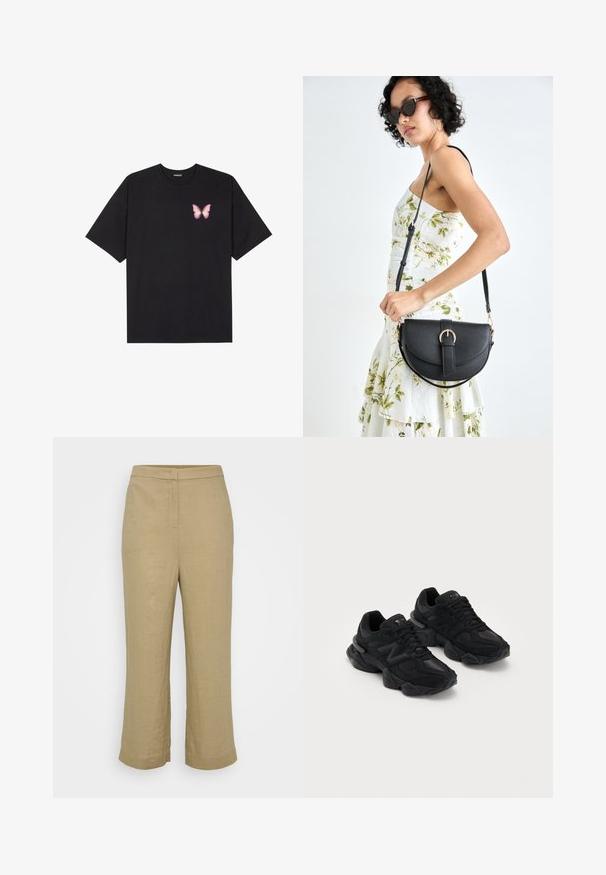 Musta puuvillapaita lyhyillä hihoilla, jossa on pieni vaaleanpunainen perhosgrafiikka vasemmassa rinnassa. Pyöreä kaula-aukko ja rento istuvuus.; Kermanhousut vaaleanbeigeä pellavaa suoran leikkauksen omaavina, joissa on keskikorkea vyötärö, hienovaraiset saumat ja leveät lyhyet lahkeet. Kangan pinta on sileä, ilman näkyviä kuvioita.; Mustat urheilukengät, joissa on teksturoitu päällinen, näyttävä "N"-logo, pehmustettu pohja ja tyylikäs, nykyaikainen siluetti.; Musta nahkainen käsilaukku, joka on kaareva muotoilultaan, irrotettavalla hihnalla ja kultaisilla yksityiskohdilla. Laukussa on läppä, jossa on solk yksityiskohta.