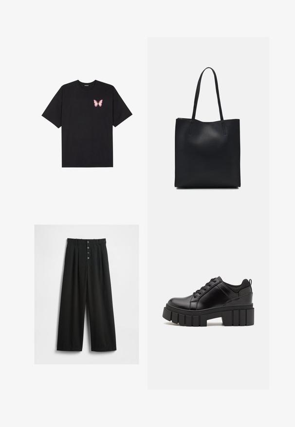Crna pamučna majica s kratkim rukavima, s malim grafičkim prikazom ružičaste vjetricaste s desne strane na prsima. Dizajn s okruglim izrezom i opuštenim krojem.; Široke crne hlače izrađene od teksturirane tkanine. Imaju visok struk, prednje zatvaranje na pet dugmadi i pritiskane plisirane detalje.; Crne kožne platforme s debelim blok-peta, okruglim prstima i klasičnim dizajnom vezanja. Imaju gladak tekstur i minimalne detalje.; Crna kožna torba za nošenje s glatkom teksturom, pravokutnim oblikom i dvije duge ručke. Nema vidljivih metalnih dijelova ili ukrasa.