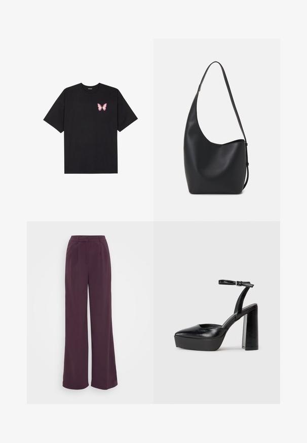 Black cotton t-shirt with short sleeves, featuring a small pink butterfly graphic on the left chest. Crew neck design with a relaxed fit.; Wide-leg trousers in deep purple fabric. Features a tailored waistband with pleats. Smooth texture with no visible patterns or hardware.; Black platform heels with a pointed toe and adjustable ankle strap. Constructed from smooth leather, featuring a chunky block heel.; Black leather hobo bag with a smooth texture, curved shape, and single adjustable strap; features a wide opening at the top.