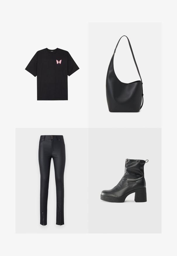 Fekete pamut póló rövid ujjakkal, bal mellkason egy kis rózsaszín pillangó grafikával. Kerek nyakú kialakítás, laza fazonnal.; Fekete műbőr skinny nadrág két elülső zsebbels, dupla gombos záródással és bokáig érő cipzárokkal az állítható illeszkedés érdekében. Egyszerű, sima felület.; Fekete bokacsizmák sima bőrből, oldalsó cipzárral, vastag, texturált sarkú és lekerekített orrú dizájnnal.; Fekete bőr hobo táska sima textúrával, ívelt formával és egyetlen állítható pánttal; széles nyílás található a tetején.