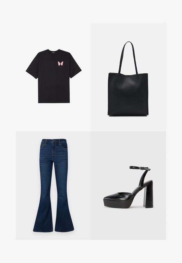 T-shirt nera in cotone con maniche corte, caratterizzata da una piccola grafica di una farfalla rosa sul lato sinistro del petto. Design a girocollo con una vestibilità rilassata.; Jeans a gamba larga blu scuro in denim, con vita alta, cinque tasche e cuciture a vista, caratterizzati da una superficie liscia e un design classico.; Tacchi a piattaforma neri con punta appuntita e cinturino regolabile alla caviglia. Realizzati in pelle liscia, presentano un tacco a blocco spesso.; Borsa tote in pelle nera con texture liscia, forma rettangolare e due manici lunghi. Nessun hardware o decorazione visibile.